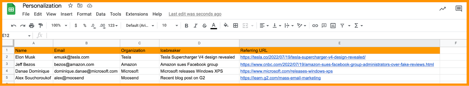 spreadsheet with information to personalize emails
