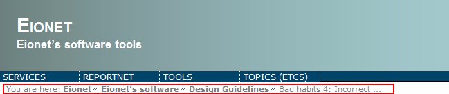A screenshot that displays how a website uses ellipses to create separation between links in a breadcrumb trail.