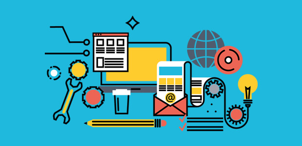 Drawing of tools like spanners, pencils, wires, lightbulbs, in between emails and files, against a blue background.